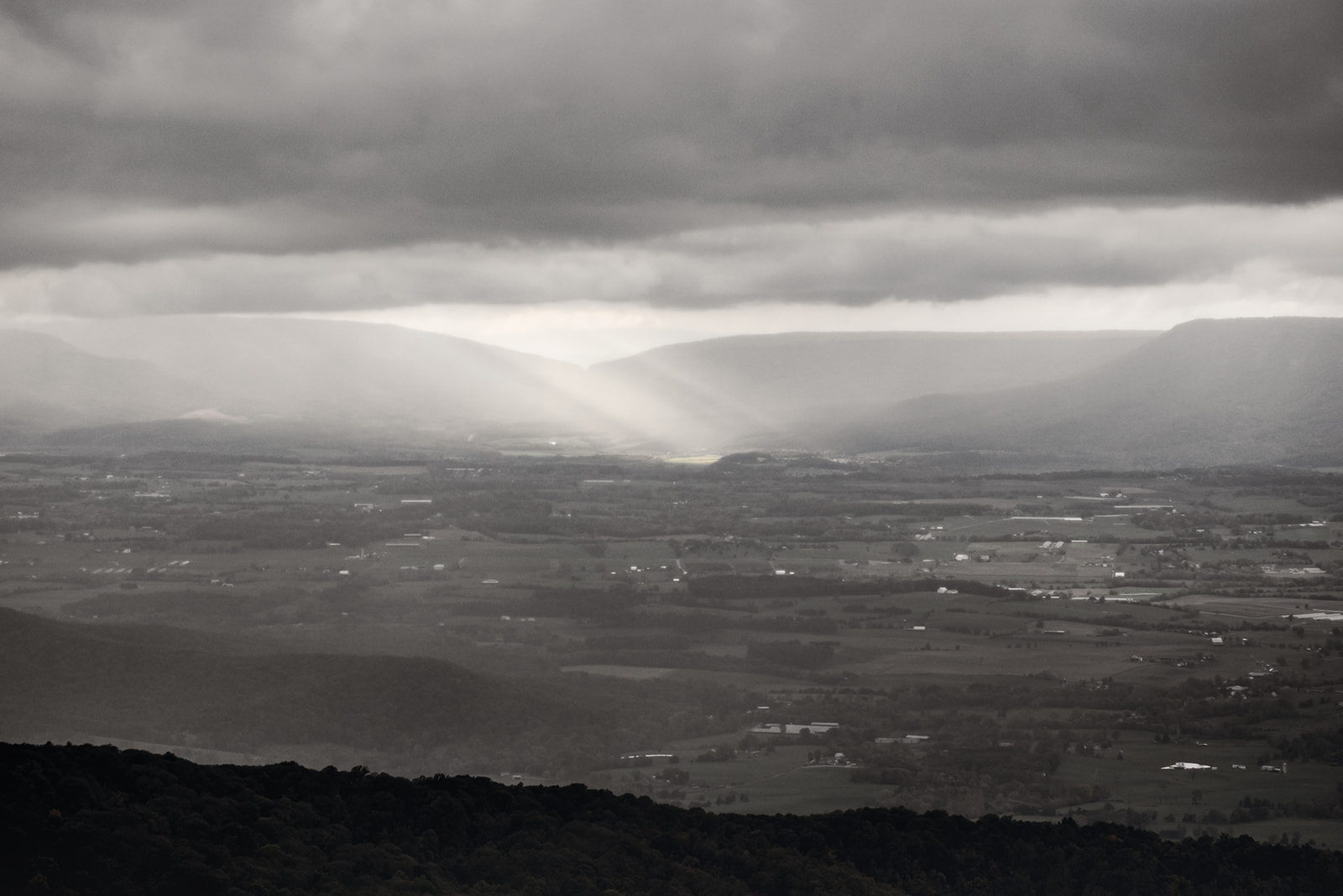 Sunbeams cutting through the trees over the Blue Ridge